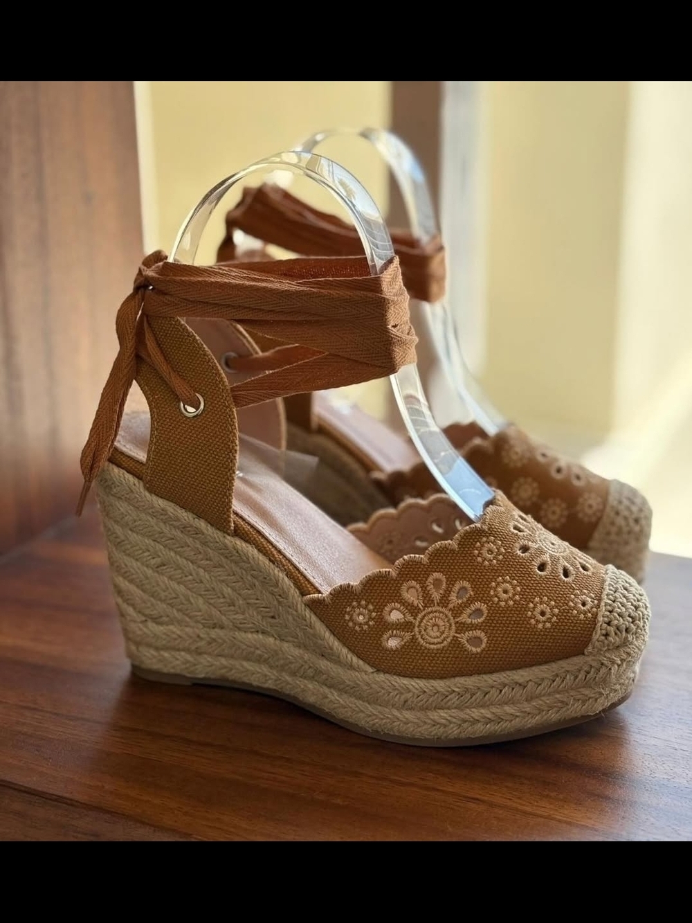 Forever Link Tan Embroidered Espadrille Wedge Sandals with Ankle Wrap